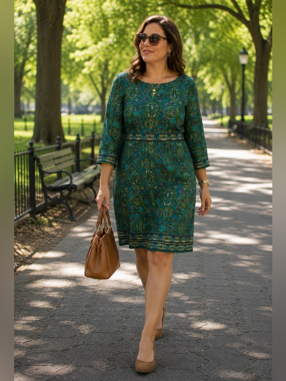 Talbots Teal and Gold Paisley Long Sleeve Dress